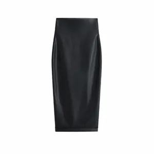 Damen Hohe Taille Kunstleder Midi Rock Mit Schlitz Einfarbig Schwarz PU Bleistift Bodycon Rock Streetwear Herbst Winter