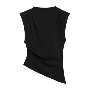 Women's sexy black sleeveless top with asymmetric draped pleats and padded shoulders
