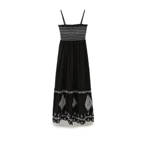 Women's Boho Spaghetti Strap Maxi Dress Smocked Bodice White Geometric Embroidery Cotton Blend Sleeveless A-Line Long Dress