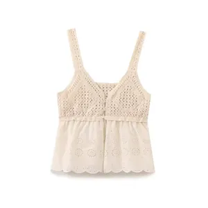 Women Crochet Patchwork Camisole Top Eyelet Embroidery Scalloped Hem V Neck Button Down Sleeveless Boho Beach Tank Top