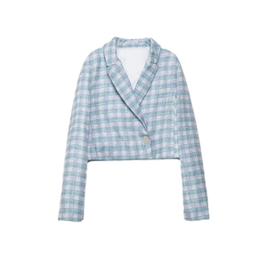 Women's chic light blue tweed cropped blazer jacket with textured plaid pattern