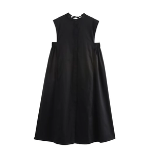 Elegant black sleeveless midi dress with high neck, drawstring waist and back neck tie detail