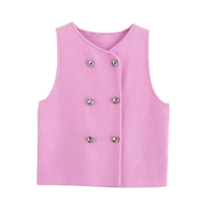 Gilet in maglia rosa da donna con scollo a V e bottoni argento a doppio petto