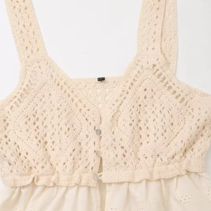 Women's summer white crochet patchwork camisole top with hollow embroidery and buttons