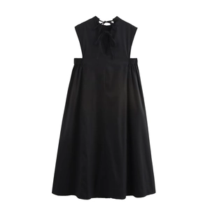 Elegant sleeveless high-neck black midi dress with back cutout and tie detail