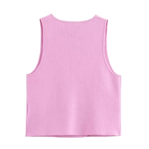 Gilet in maglia rosa da donna senza maniche con design minimalista a girocollo