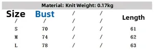 Size chart for women's knitted vest showing bust and length measurements in S, M, L