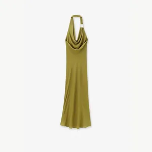 Women's Halter Cowl Neck Satin Midi Dress Elegant Backless Bodycon Evening Party Dress With Metal Ring Detail Olive Green