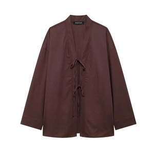 Veste kimono d'été en coton et lin marron foncé pour femme avec fermeture à nouer