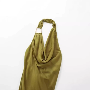 Elegance grass green satin cowl neck midi dress with halter neck and gold buckle detail
