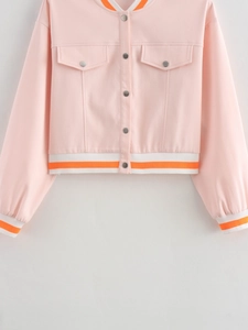 Detailed flat lay of pink crop jacket with striped ribbing and silver metal buttons