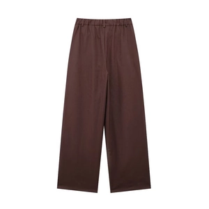 Pantalon large marron foncé en coton avec taille haute élastique et passants de ceinture