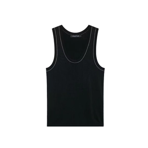 Women's black ribbed knit tank top with white contrast stitching on neckline and armholes