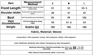Detaillierte Größentabelle und Materialangaben für die gepolsterte Damenweste
