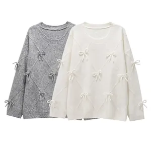 Women Casual Loose Knit Sweater With Bow Decor Argyle Texture Round Neck Long Sleeve Solid Color Soft Pullover Tops