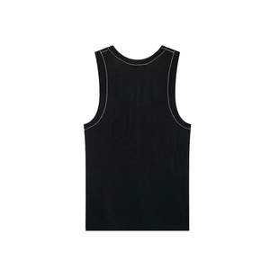 Detail of black ribbed knit tank top featuring white contrast stitching on edges