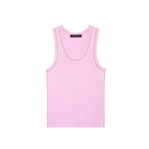 Women's summer pink knit tank top with contrast trim and ribbed texture on white background