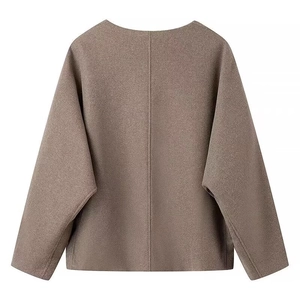 Women's loose-fit wool coat in camel brown featuring a stylish V-neck back design