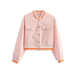Women's Casual Pink Baseball Jacket Striped Ribbed Trim Long Sleeve Single Breasted Short Coat Streetwear Fashion Jacket