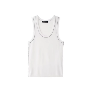 Women's white ribbed knit tank top featuring contrasting black stitched trim detailing