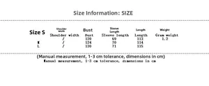 Size chart for women's long wool-look coat detailing bust, sleeve and length measurements