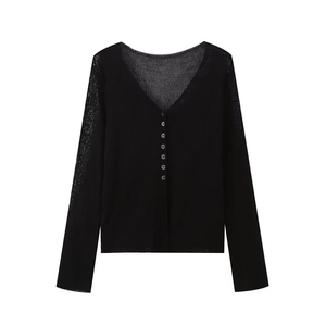 Elegant black V-neck knitted cardigan with front button closure and long sleeves for women