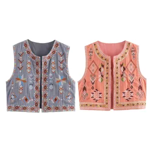 Bohemian Ethnic Geometric Embroidery Vest For Women Vintage Sleeveless Open Front Cotton Linen Blend Waistcoat Outwear Top