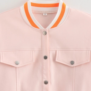 Pink casual jacket featuring orange ribbed collar and silver snap buttons on front