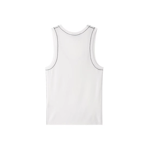 Close-up of contrast black stitching on white knitted tank top with racerback neckline