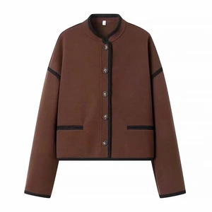 Women's short brown wool blend jacket with round neck and black trim accents