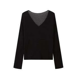 Close-up of black V-neck cardigan featuring fine vertical knit texture and slim fit design
