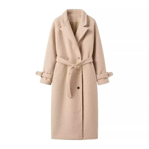 Women's chic beige long textured wool coat with belt and classic notched lapels