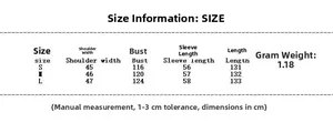 Size chart for striped knit long wool coat with shoulder, bust, and length measurements