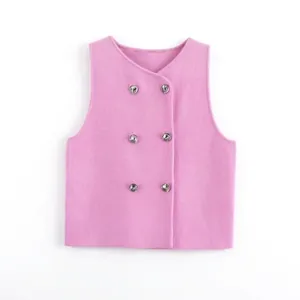 Gilet da Donna Rosa Doppiopetto Lavorato a Maglia Girocollo Senza Maniche con Bottoni in Metallo Top Estivo Street Fashion