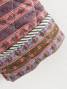 Detail of ethnic floral quilted jacket showing vintage patterns and striped edge binding