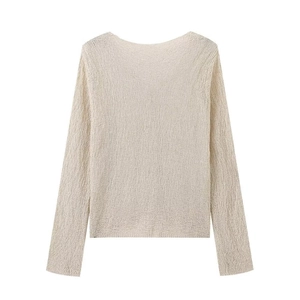 Women's V-neck long sleeve knit cardigan in sheer light beige with textured fabric