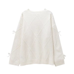 Women's off-white crewneck sweater with diamond knit patterns and bow sleeve details
