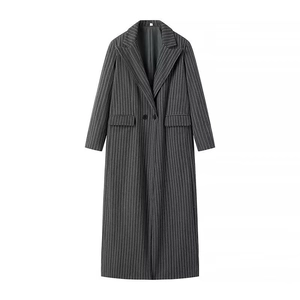 Chic dark grey striped long coat with lapel collar and pockets in minimalist style