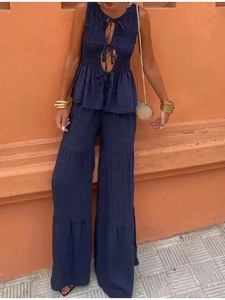 Damen Sommer Sexy Ärmellos Smok Schleife Ausschnitt Top Und Stufenweises Weites Bein Hose Outfit Marineblau