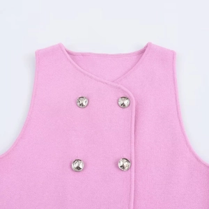 Gilet da donna in maglia rosa con scollo a V e bottoni a doppio petto in argento lucido