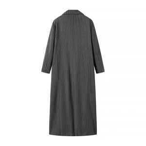 Women's long-sleeve grey pinstripe wool coat with classic lapel and ankle-length cut