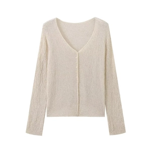Women's beige V-neck long sleeve knit cardigan sweater with buttons and textured fabric
