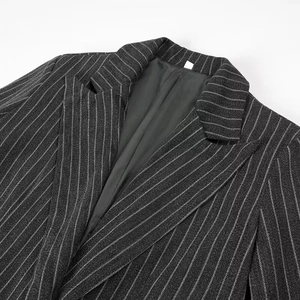 Women's dark grey pinstripe blazer coat with notched lapels and structured shoulders