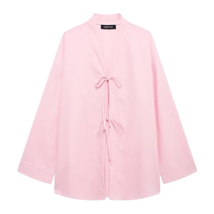 Ensemble haut kimono et pantalon rose clair en coton et lin pour femme avec nœuds
