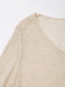 Detailed V-neck and mesh knit texture of a beige lightweight long sleeve cardigan