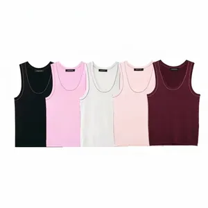 Canotta da Donna in Maglia Estiva a Costine Scollo a U Senza Maniche Con Cuciture a Contrasto Slim Fit Casual Streetwear