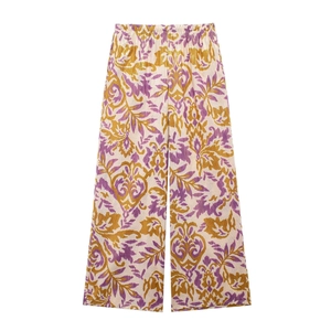 Summer high waist wide leg pants with vintage purple and gold floral pattern