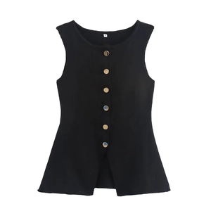 Gilet in maglia nera senza maniche da donna con bottoni dorati e spacchi laterali