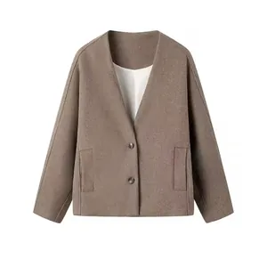 Women V Neck Short Woolen Coat Fashion Street Style Button Up Long Sleeve Polyester Jacket For Autumn Winter