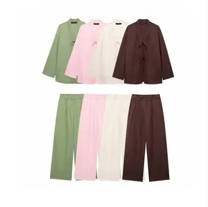 Femmes Décontracté Coton Lin Kimono Veste Et Pantalon Large Haut Et Bas Streetwear Couleur Unie Cardigan Été